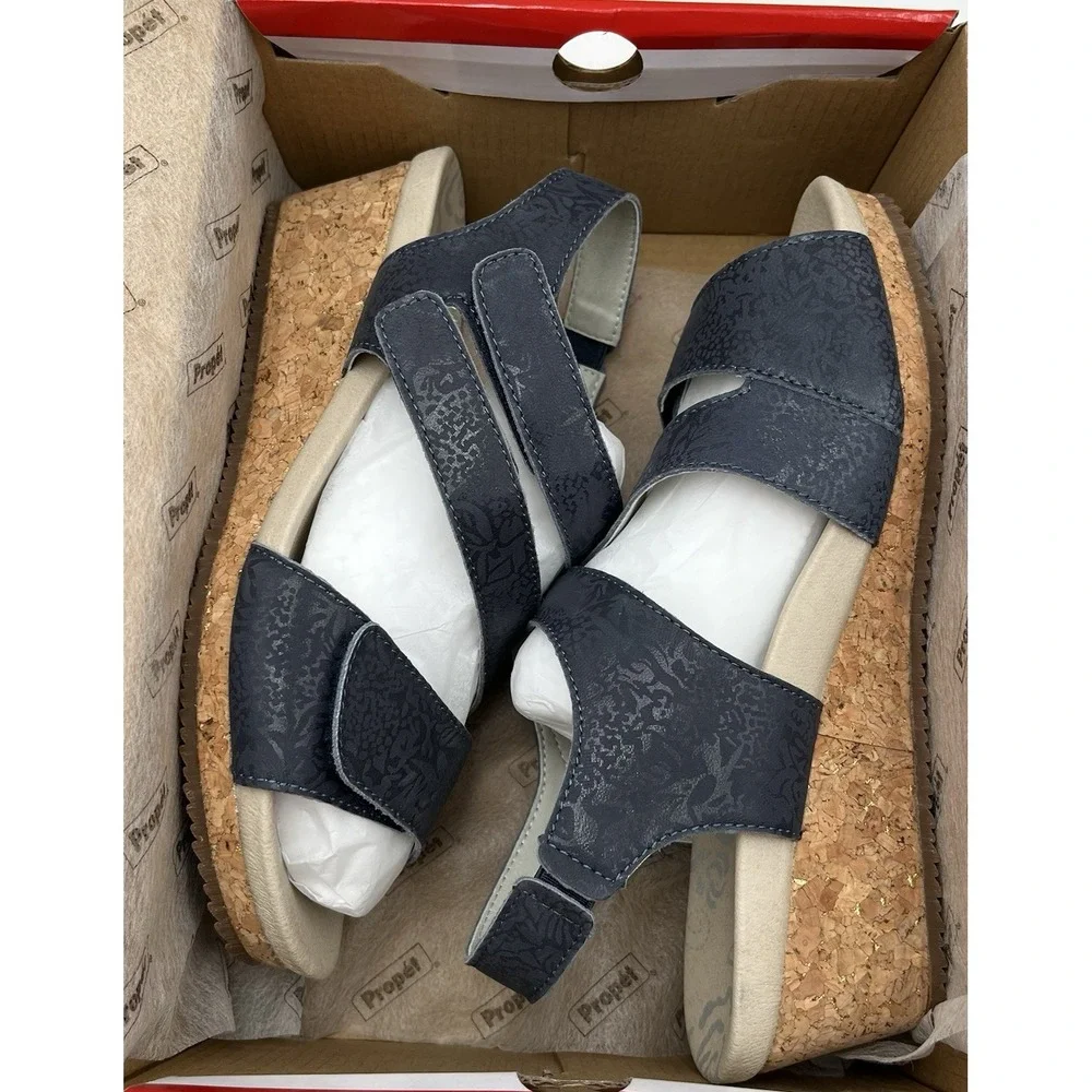 Propet Women's Millie Wedge Leather Sandal Size 9.5 WIDE WIDTH Navy Blue Tan - Picture 3 of 12